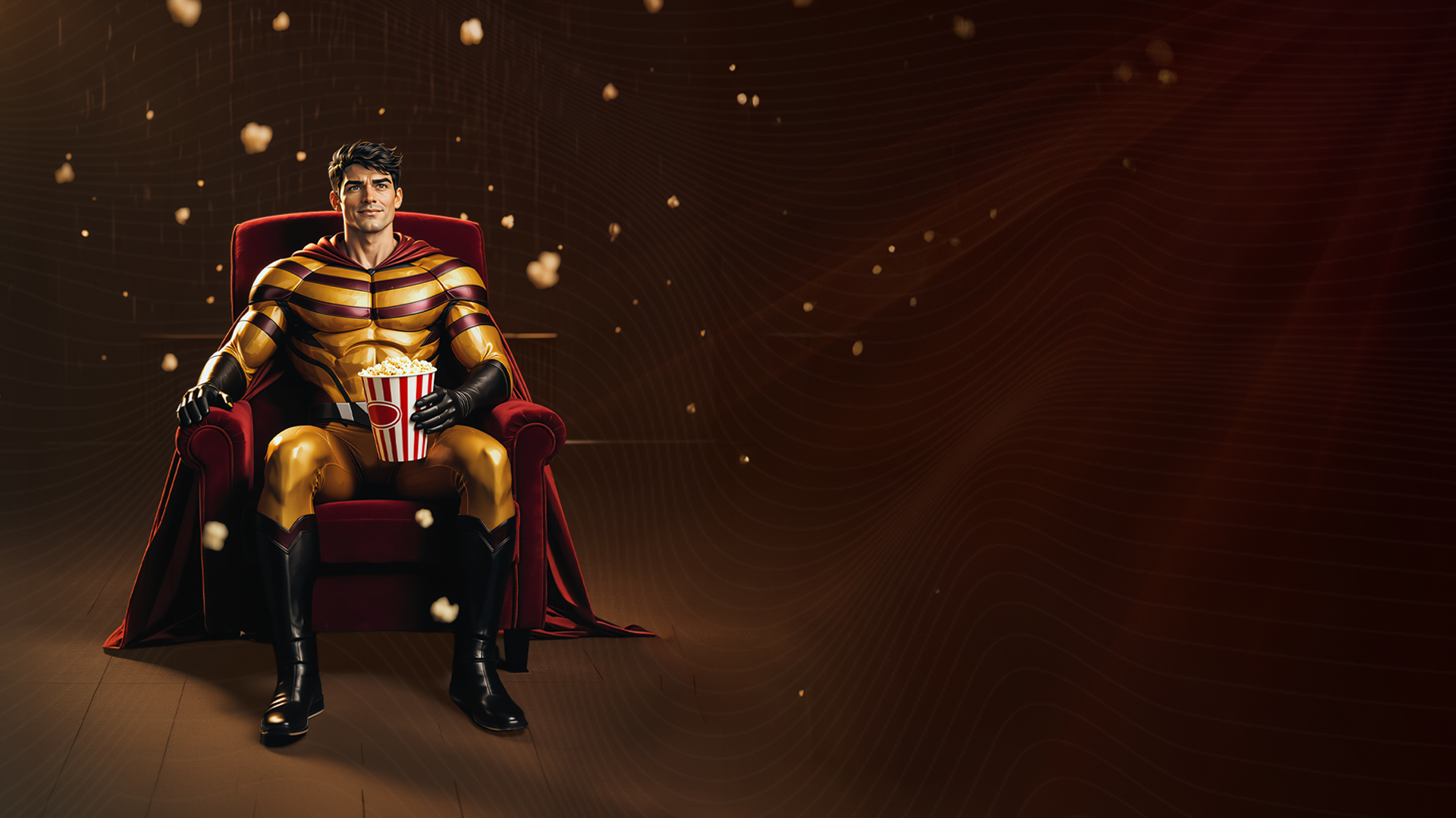 Hero in armchair w/ popcorn · left