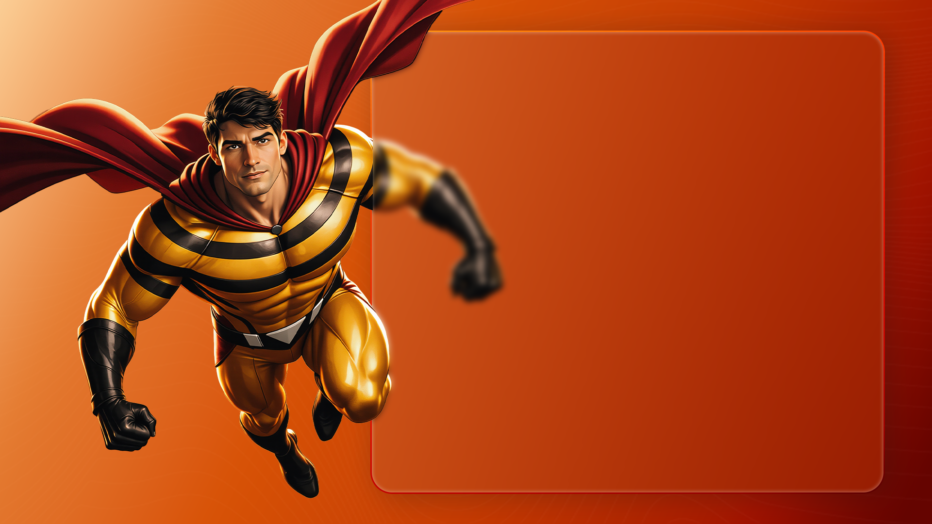 Flying hero + card-frame · right